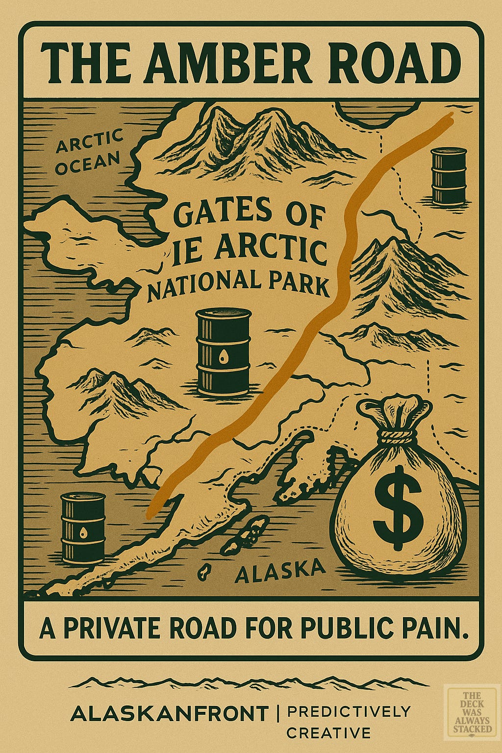 Illustrated map of proposed Amber Road slicing through Gates of the Arctic, labeled with oil barrels and donation dollars.