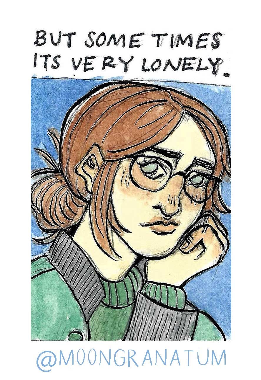Moongranatum, watercolor train ride comic. Panel 2 text reads: But sometimes it's very lonely.