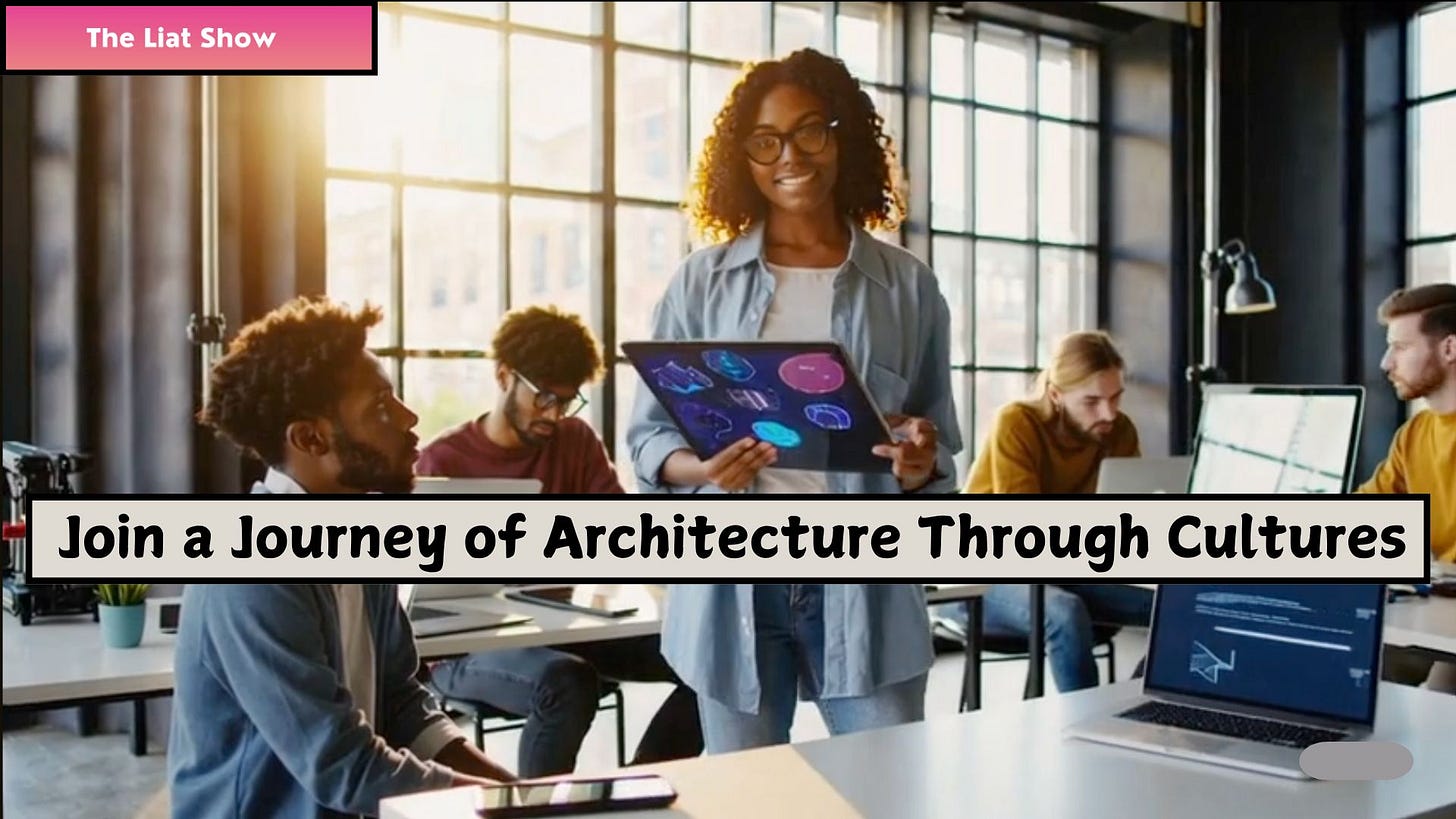 The Liat Show: A young Black woman stands in a sunlit, modern classroom holding a tablet displaying a colorful architectural model. Around her, a diverse group of adults collaborates on laptops and tablets. The scene captures a vision of inclusive, forward-looking education in design and planning.
