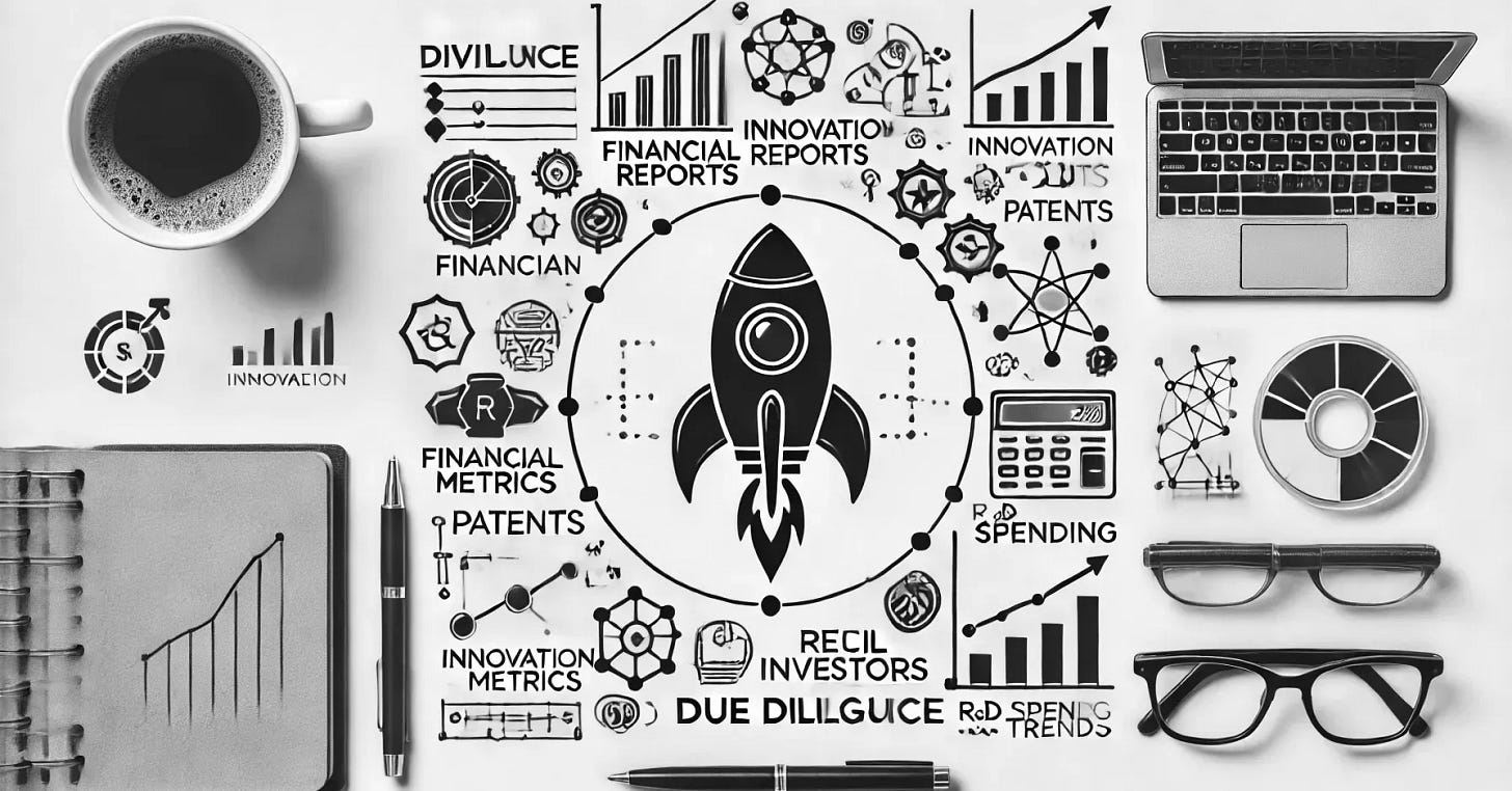 A simple, clean, and professional image representing due diligence for retail investors in future tech. The image should include symbols or icons for key factors such as financial reports, innovation metrics, patents, R&D spending, and technology trends, with a rocket symbolizing growth and potential. The overall look should be minimalist and informative, with a focus on retail investors making smart investment decisions in emerging technologies.