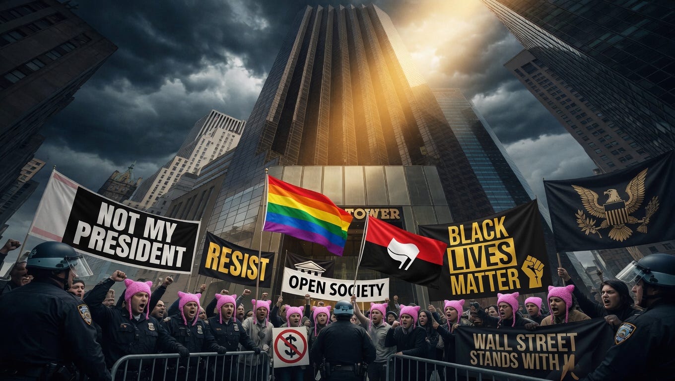 Editoriale Illustration: Anti-Trump-Demonstration am Fuß des Trump Tower auf der 5th Avenue. Die Banner machen sichtbar, welche Kräfte solche „Grass-Roots”-Proteste organisatorisch und finanziell tragen — von Wall Street über die Open Society Foundations bis zu Antifa und Black Lives Matter.