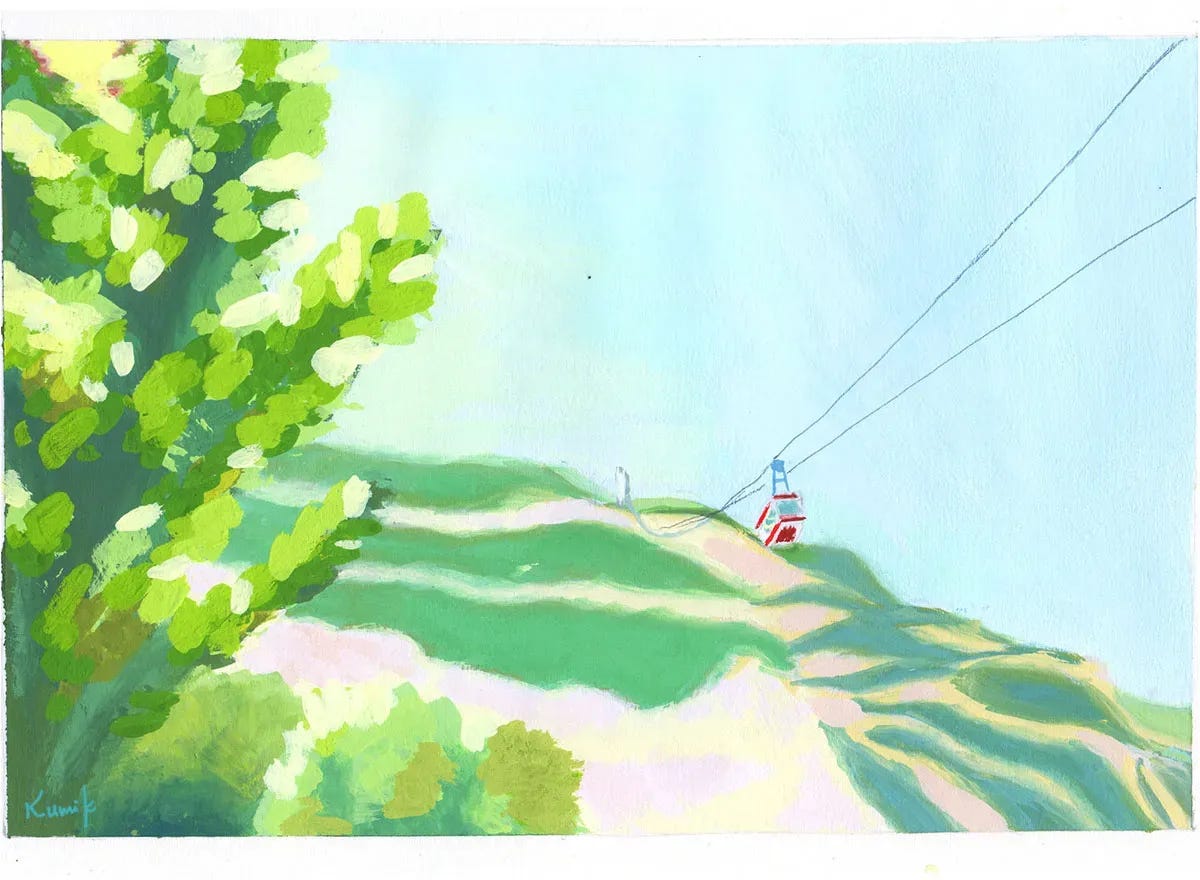 Gouache sketch of Mount Salève from the base, with a cable car ascending toward the top.