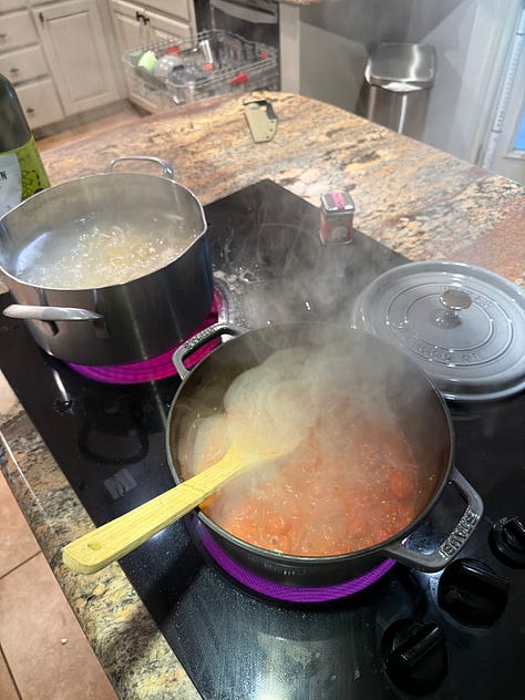 Photos showing the progression from ingredients to cooking to final marinara sauce.