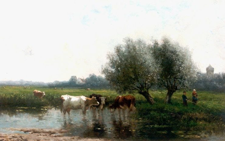 'Polderlandschap met koeien en visser aan de waterkant' - olieverf op paneel: Jan Vrolijk (herkomst: voorm. coll. Simonis & Buunk) 'Polderlandschap met koeien en visser aan de waterkant' - olieverf op paneel: Jan Vrolijk (herkomst: voorm. coll. Simonis & Buunk)
