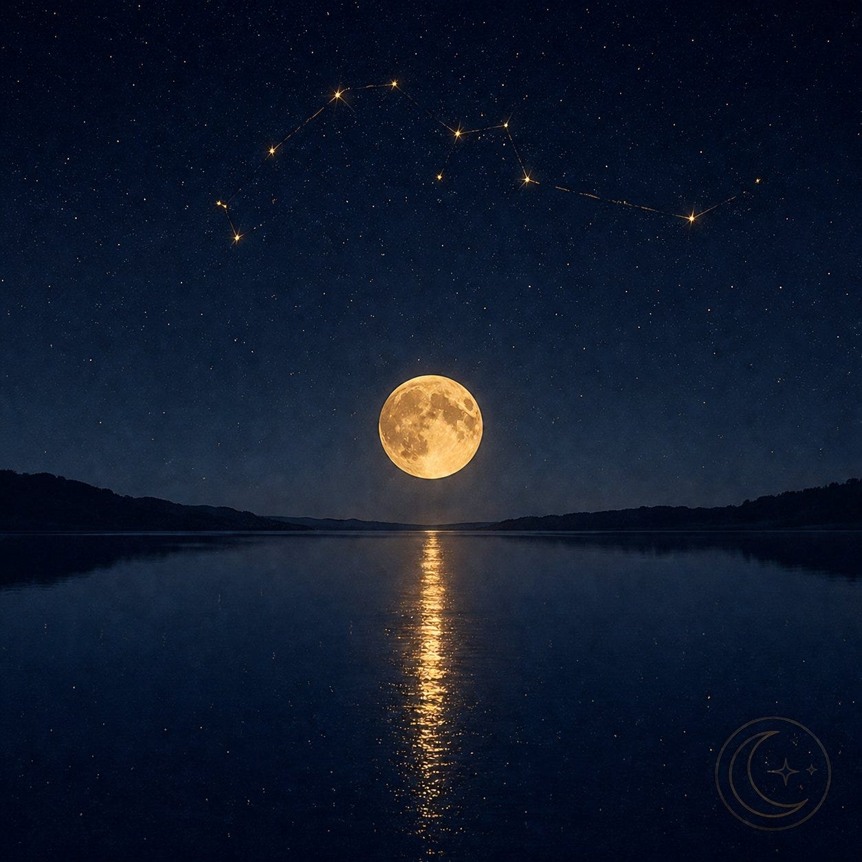 MoonInMental aromatherapy image for Pluto station retrograde week May 3-9 2026. A still moonlit water surface under a constellation sky representing the held breath of a planetary station and nervous system stillness during a worth audit.