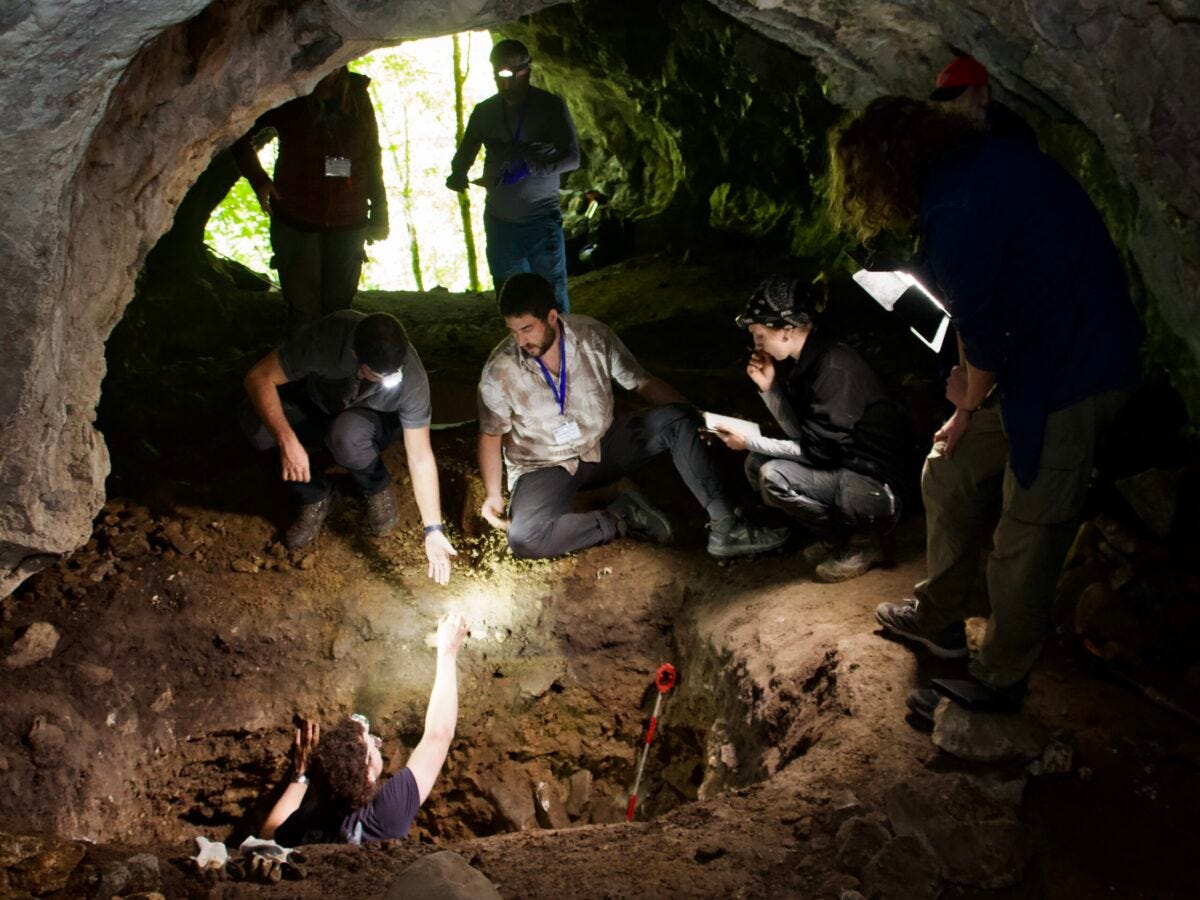 Imagem mostra pesquisadores em volta do poço de escavação arqueológica no interior da caverna Pestera 1 - Foto: Herton Escobar / USP Imagens