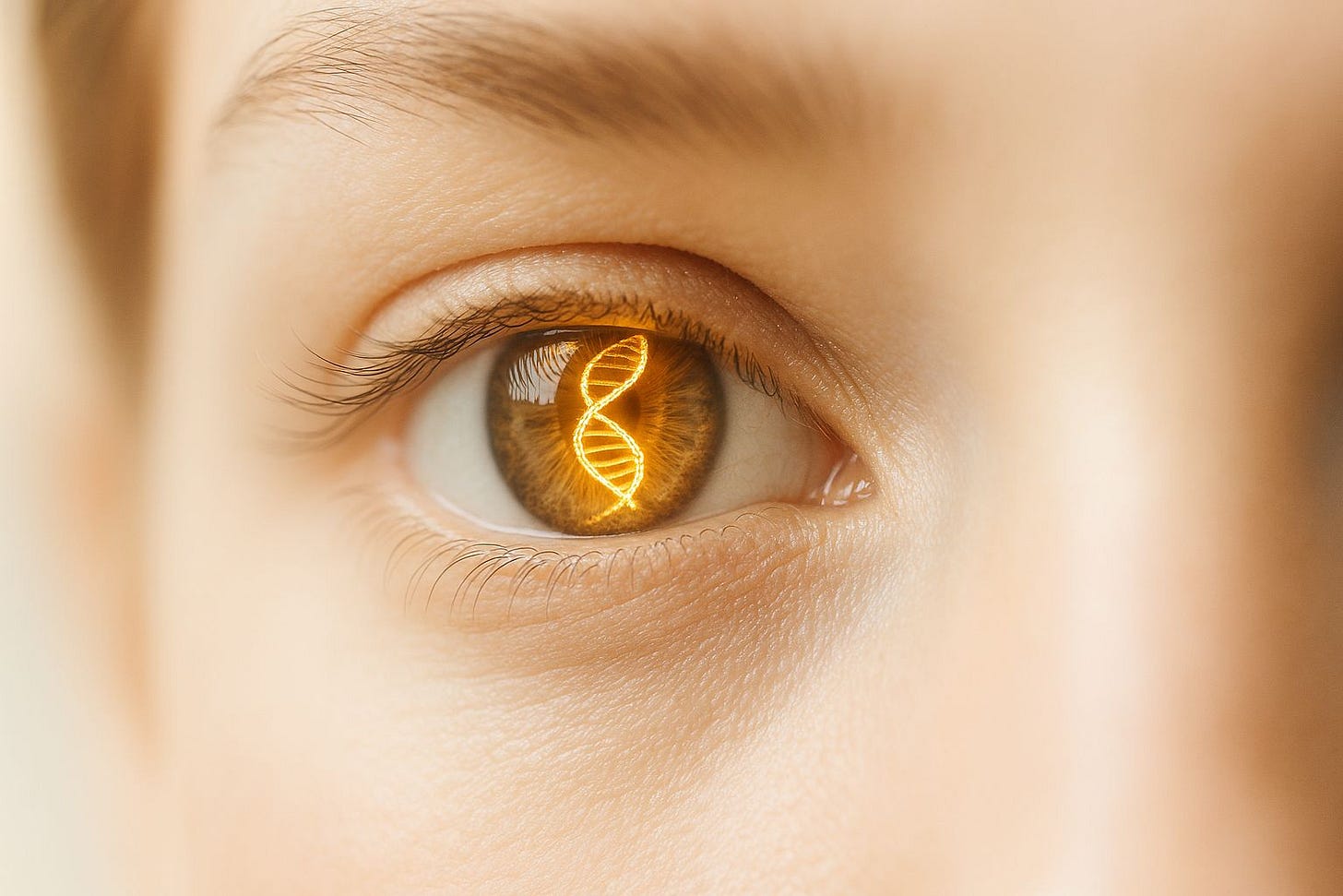 A close-up of a human eye with a glowing DNA helix reflected in the pupil, representing conscious awareness and the search for origins.