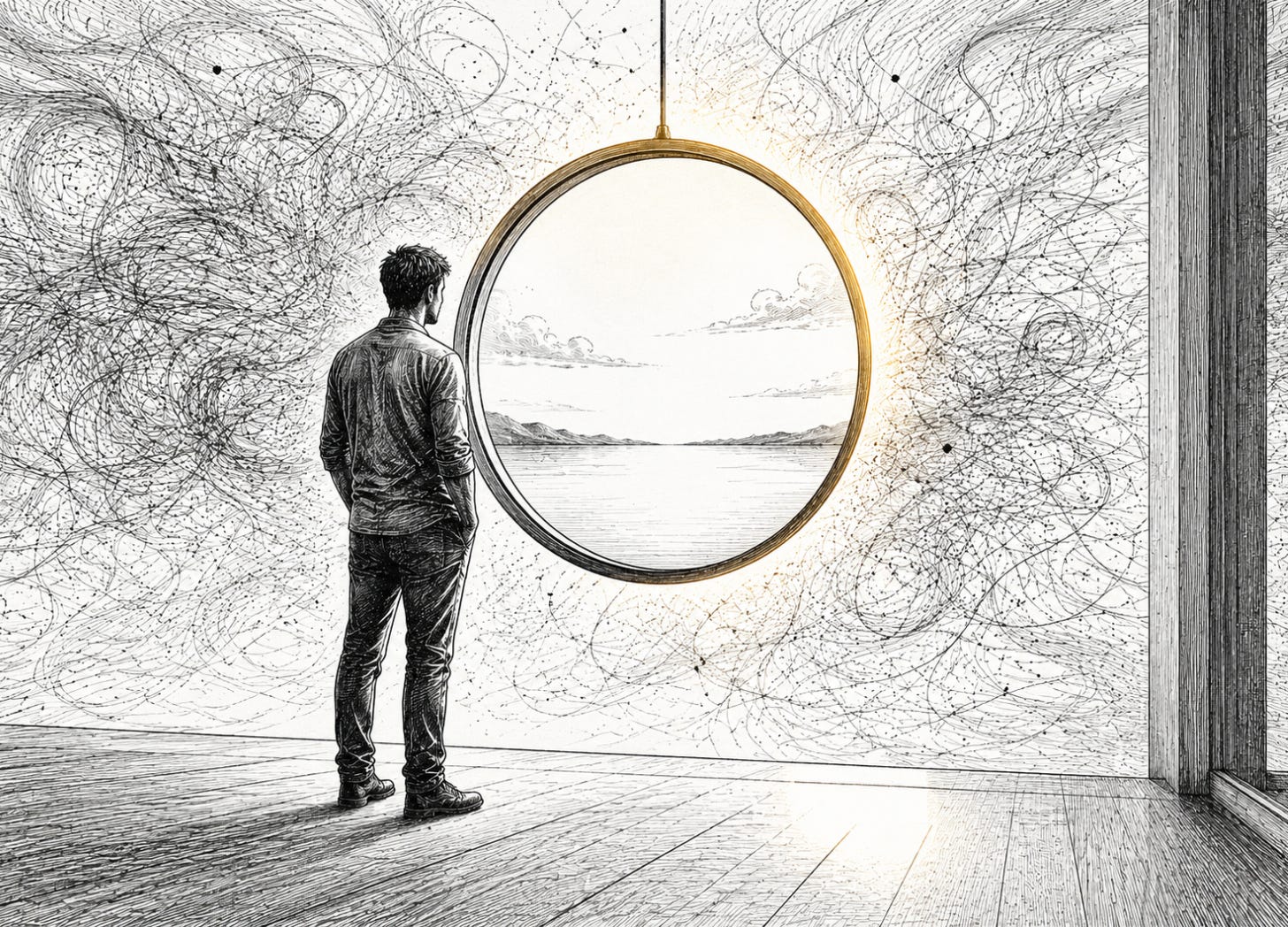 A figure faces a glowing circular lens that turns surrounding visual noise into a clearer field. A figure faces a glowing circular lens that turns surrounding visual noise into a clearer field.
