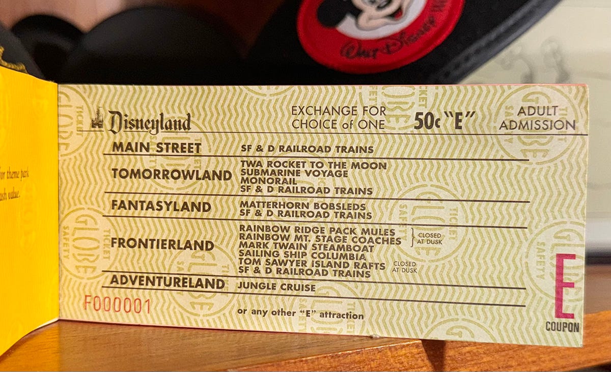 Disneyland E-Ticket in a ticket book Disneyland E-Ticket in a ticket book