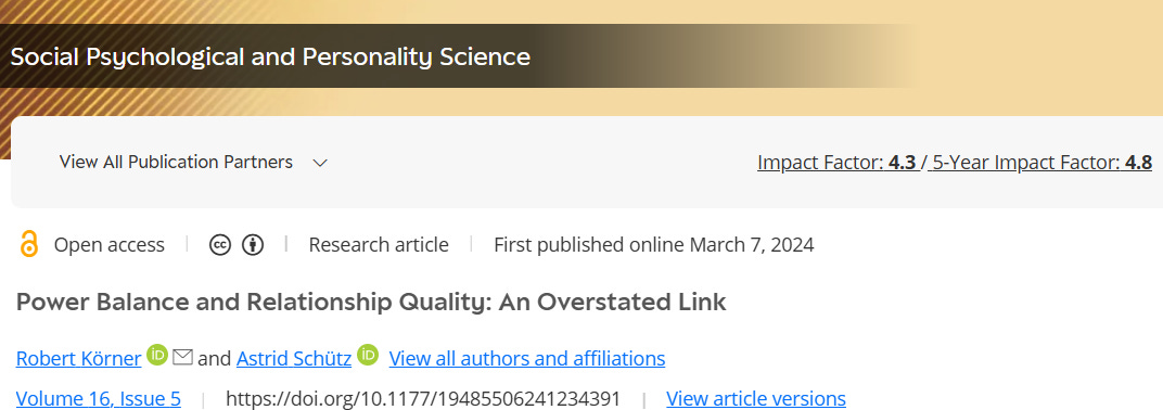 A screenshot of the article Körner, R., & Schütz, A. (2024). Power Balance and Relationship Quality: An Overstated Link. Social Psychological and Personality Science, 16(5), 471–482. https://doi.org/10.1177/19485506241234391 (Original work published 2025)