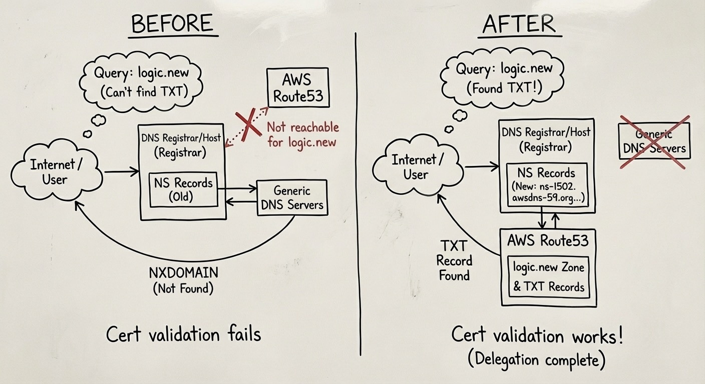 A whiteboard diagram titled "BEFORE" and "AFTER" illustrates DNS resolution for logic.new. The "BEFORE" side shows queries failing to find TXT records due to DNS servers, causing cert validation to fail. The "AFTER" side shows DNS delegating to AWS Route53, allowing TXT records to be found and cert validation to succeed.