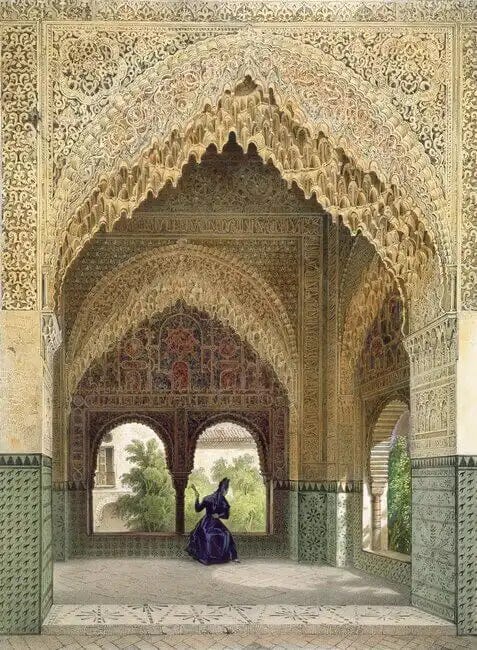 Pintura de un espacio intermedio de La Alhambra durante el día