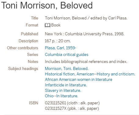 Screenshot of library catalog entry for Beloved by Toni Morrison. Lists title, format, basic bibliographic information, then subject headings (listed above in main text). Screenshot of library catalog entry for Beloved by Toni Morrison. Lists title, format, basic bibliographic information, then subject headings (listed above in main text).