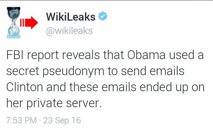 May be an image of text that says 'Kititel WikiLeaks @wikileaks FBI report reveals that Obama used a secret pseudonym to send emails Clinton and these emails ended up on her private server. 7:53 PM 23 Sep 16' May be an image of text that says 'Kititel WikiLeaks @wikileaks FBI report reveals that Obama used a secret pseudonym to send emails Clinton and these emails ended up on her private server. 7:53 PM 23 Sep 16'