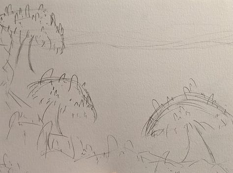 Three drawings. One is a painting of a small building surrounded by rocks. A small stream with a bridge over the top sits in front of it and green plants can be seen behind it. Another is an outline for a plant-covered beach, and the third drawing is a finished painting of the beach framed by water, rocks, and plants.