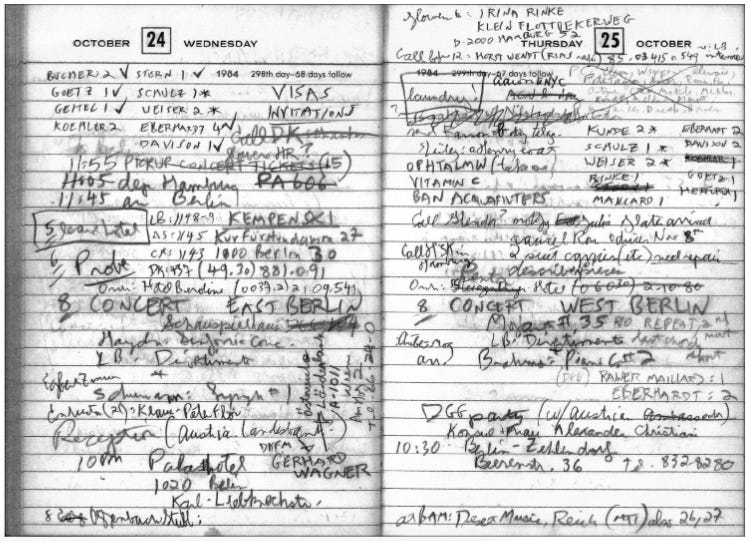 An earlier set of concerts for Lenny between West and East Berlin, documented in his assistant Charlie Harmon’s datebook (via On the Road and Off the Record with Leonard Bernstein)