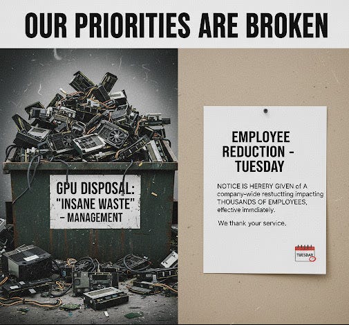 A split image contrasting two scenes. On the left is a large dumpster overflowing with discarded computer hardware, primarily high-end GPUs, with a sign reading "GPU Disposal: 'Insane Waste' - Management." On the right, a simple sheet of paper is tacked up with the headline "Employee Reduction - Tuesday" and a notice about a company-wide restructuring impacting thousands of employees. The text overlay across the top reads "OUR PRIORITIES ARE BROKEN."