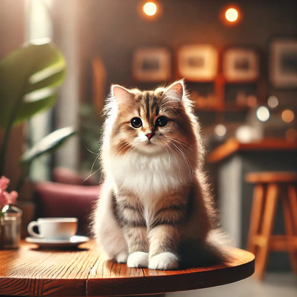 A cute domestic cat sitting elegantly on a wooden table in a cozy indoor setting. The cat has a fluffy fur coat and is gazing softly at the viewer. The table is surrounded by a warm atmosphere, with a plant and a cup of coffee in the background, creating a calm and inviting scene. The lighting is soft and natural, emphasizing the details of the cat's fur and the texture of the wooden table.