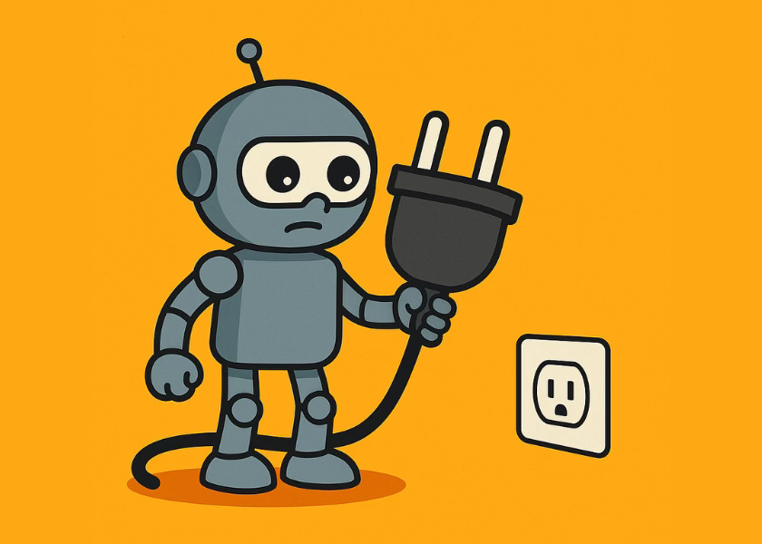 Robot with large plug in front of outlet Robot with large plug in front of outlet
