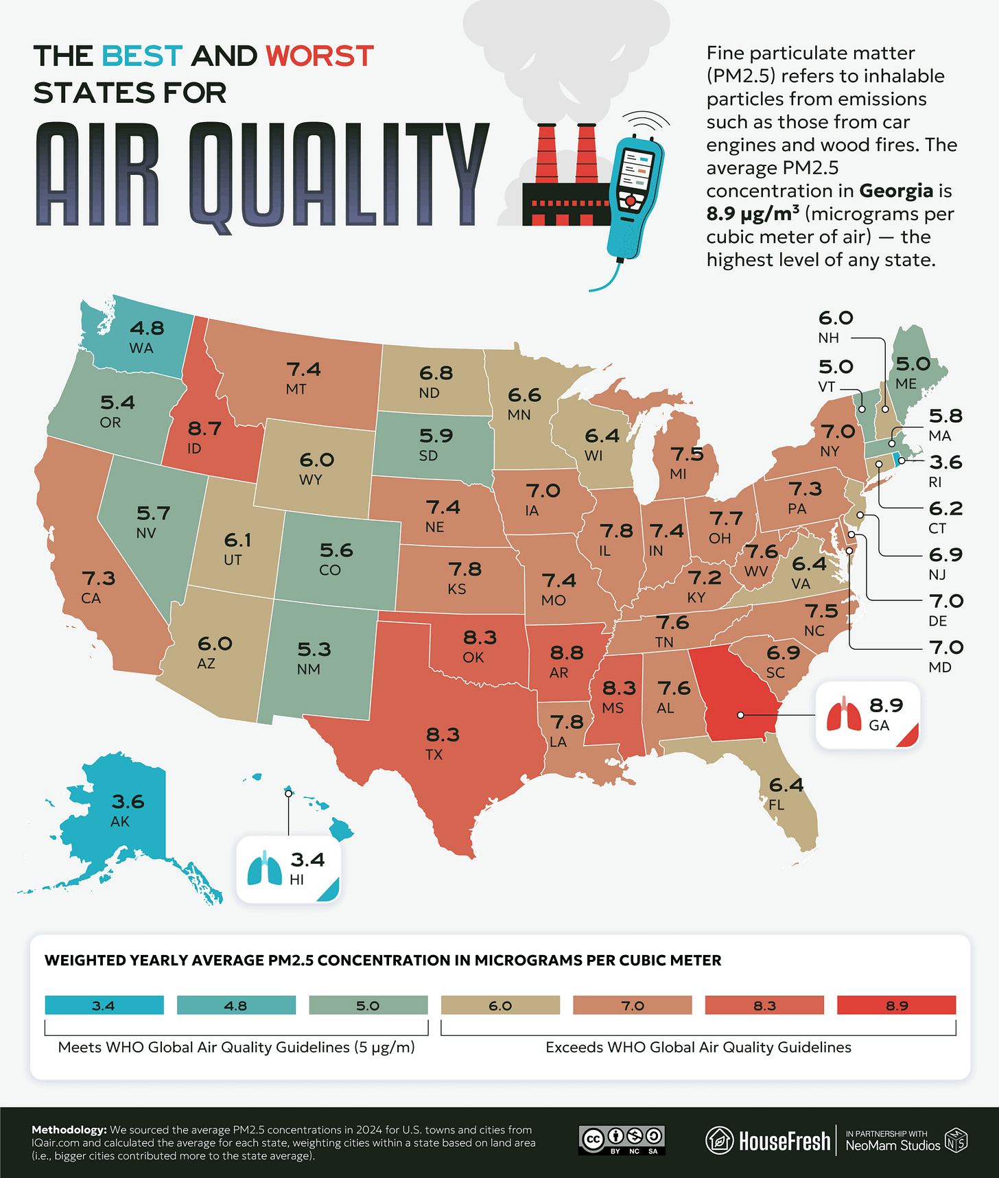 U.S. map showing the best and worst states for air quality, based on annual average PM2.5 concentration
