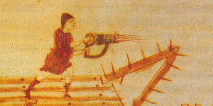 A medieval illumination depicting a hand-held siphon used to project Greek fire
