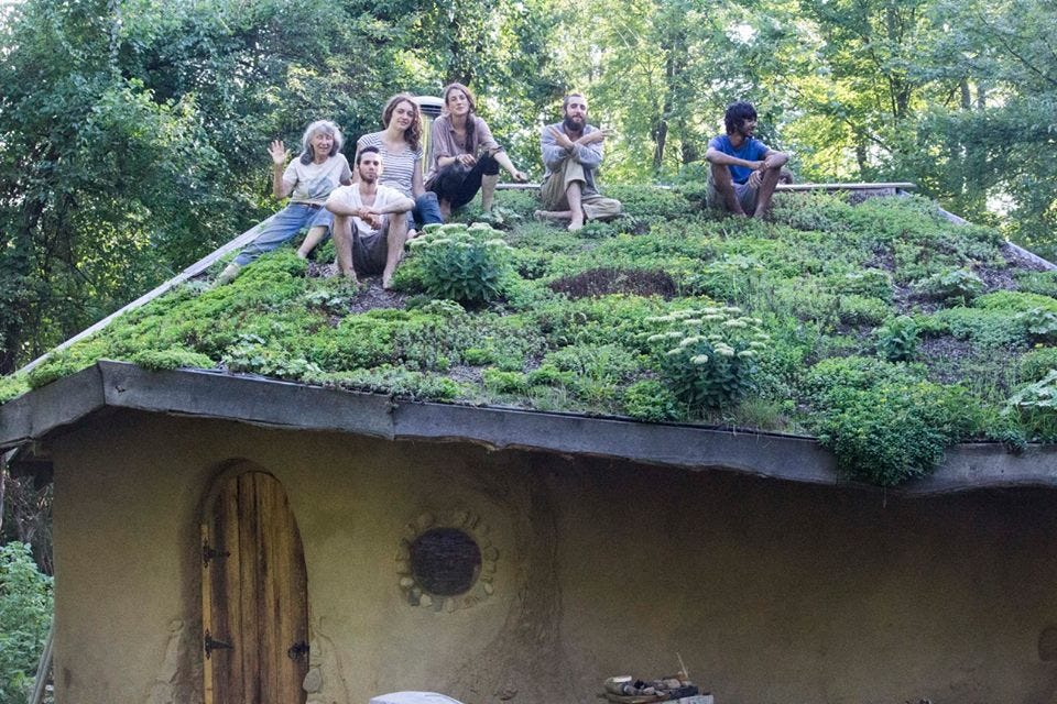 Interns on Hobbit Sauna Living Roof 2016 – Strawbale Studio
