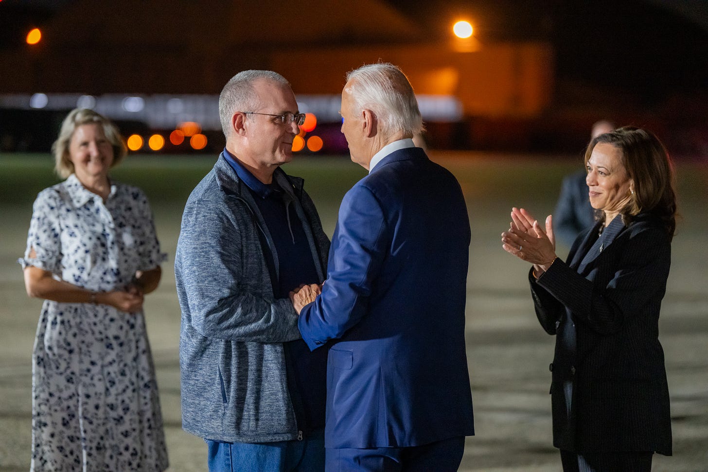 President Biden greets Americans previously detained in Russia on the tarmac of Joint Base Andrews.