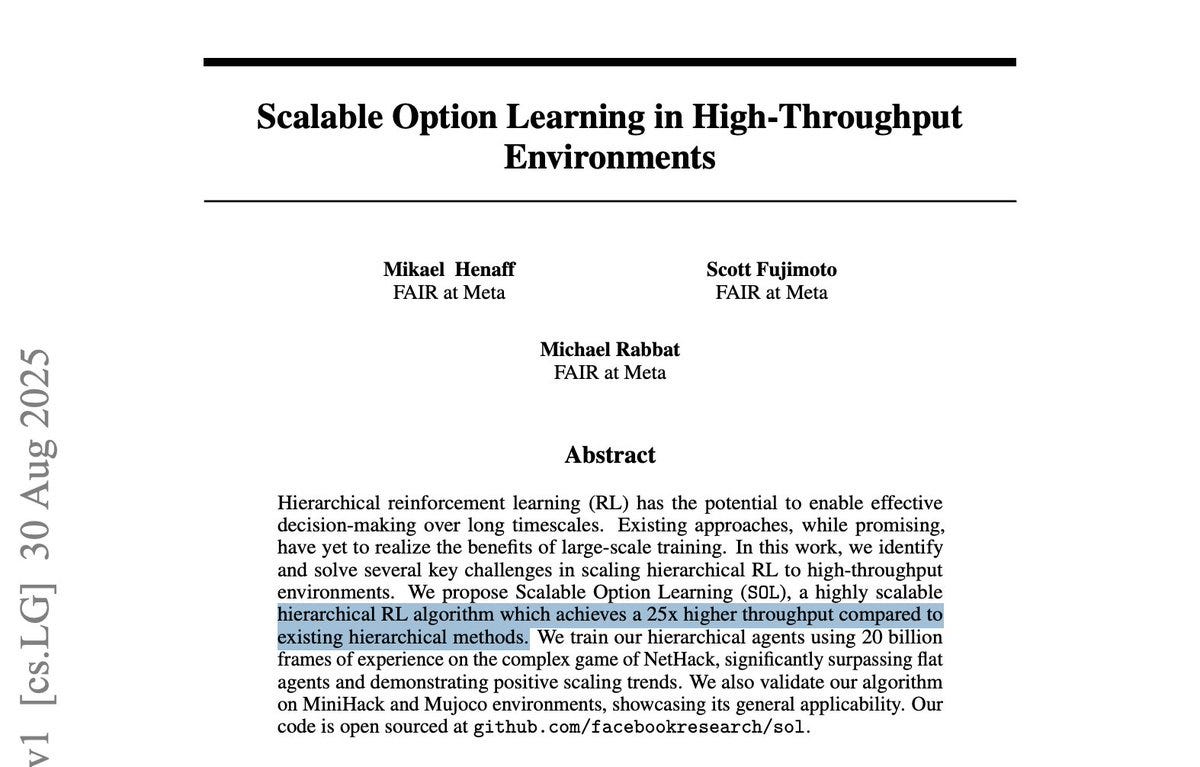 A document page with text titled "Scalable Option Learning in High-Throughput Environments" by Michael Rabbat, Scott Fujimoto, and FAIR at Meta. The text includes an abstract and names like FAIR at Meta and Jackson Atkins. A watermark from X is present.