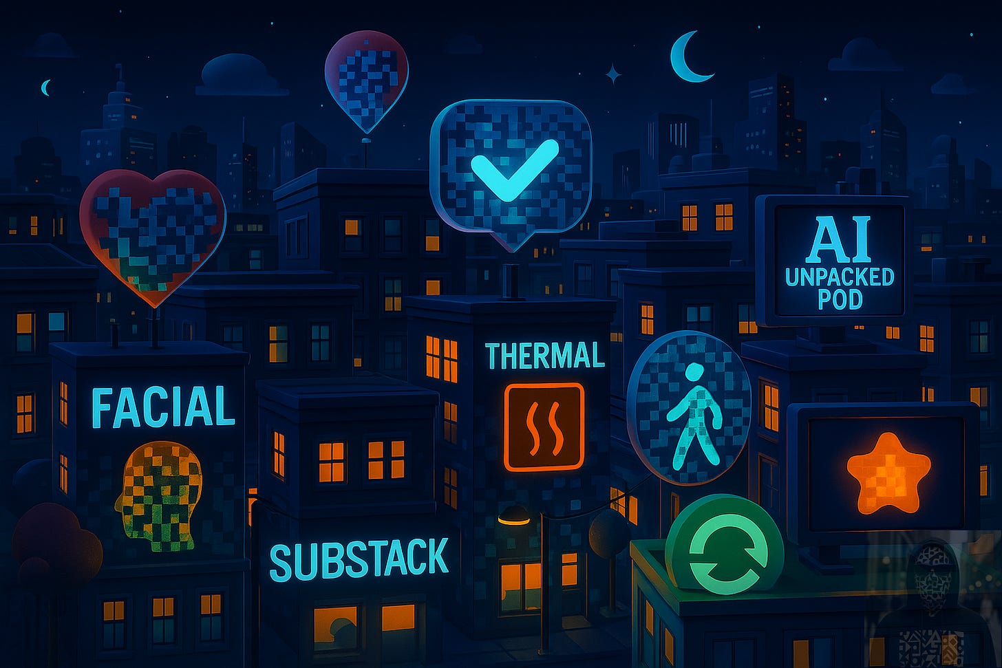 Illustrated nighttime cityscape showing buildings overlaid with glowing icons representing AI systems such as facial recognition, thermal sensing, identity verification, and digital platforms. Floating symbols and data elements illustrate how multiple AI technologies operate simultaneously across urban environments, visualizing an interconnected ecosystem of automated analysis and monitoring.