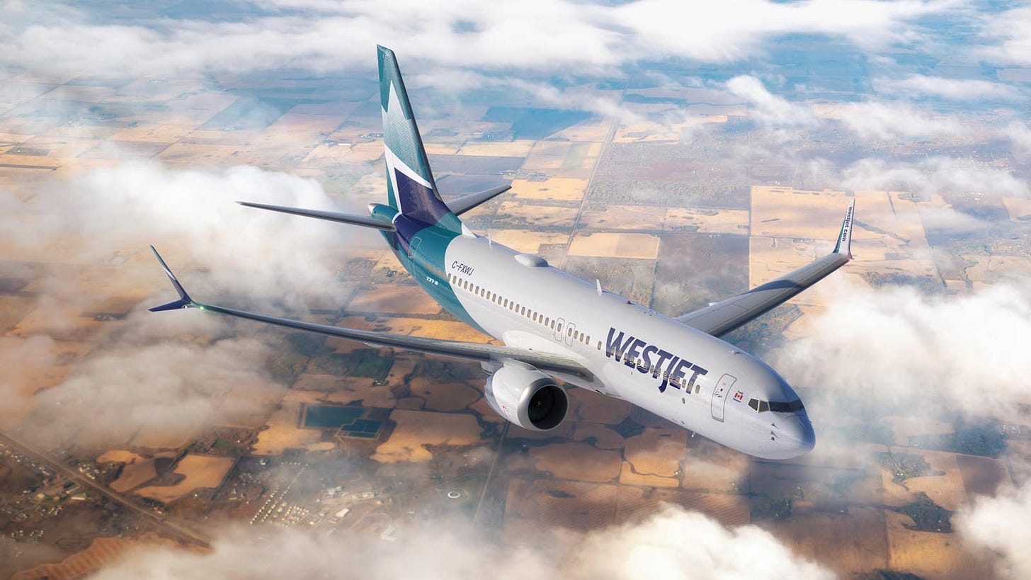 WestJet Boeing 737 MAX 8 flying over Canadian prairies