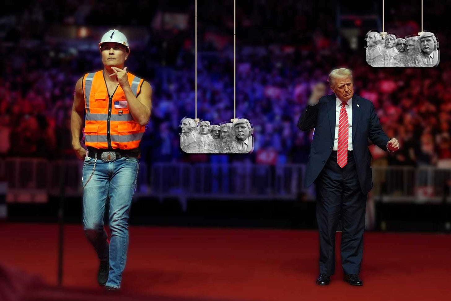 Photo of Trump dancing on stage as Village People sing, and a tiny Mount Rushmore with his face on it, drops down behind him just like in the movie Spinal Tap.