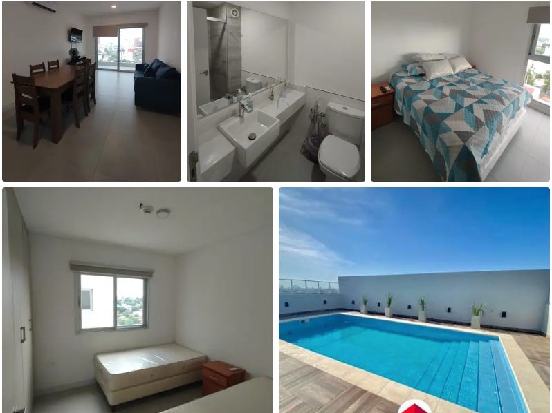A collage of a room with a pool and a bed

Description automatically generated