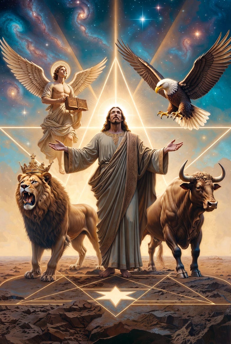 Jesus Christ as the Terminus, surrounded by symbolic beasts in a cosmic scene.
