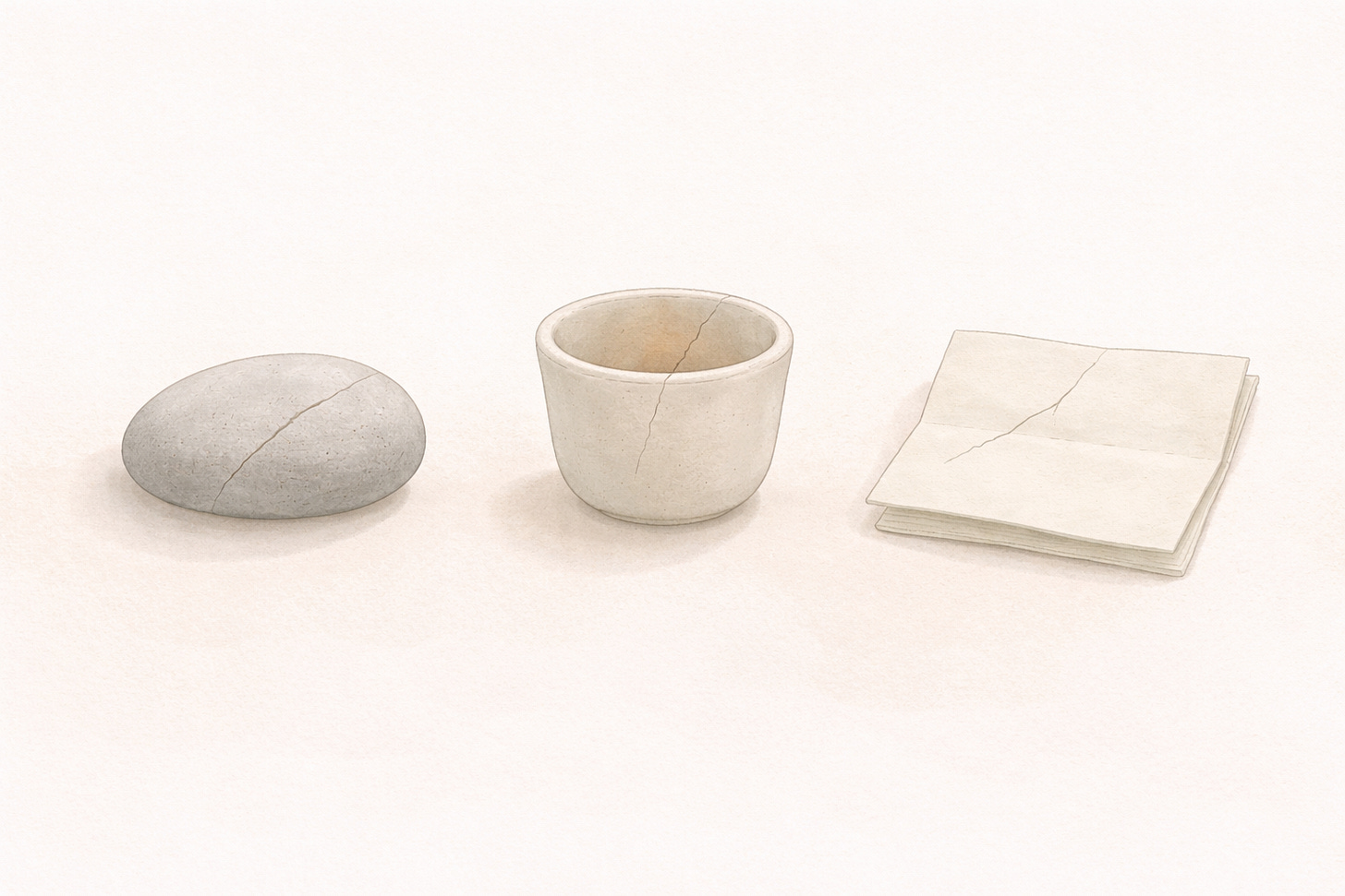 Three objects arranged in a row on a cream surface — a smooth grey stone, a small ceramic cup, and a folded piece of paper. Each has a subtle hairline crack running through it. Three objects arranged in a row on a cream surface — a smooth grey stone, a small ceramic cup, and a folded piece of paper. Each has a subtle hairline crack running through it.