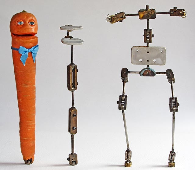 Stop-motion carrot and chicken puppet armatures Stop-motion carrot and chicken puppet armatures