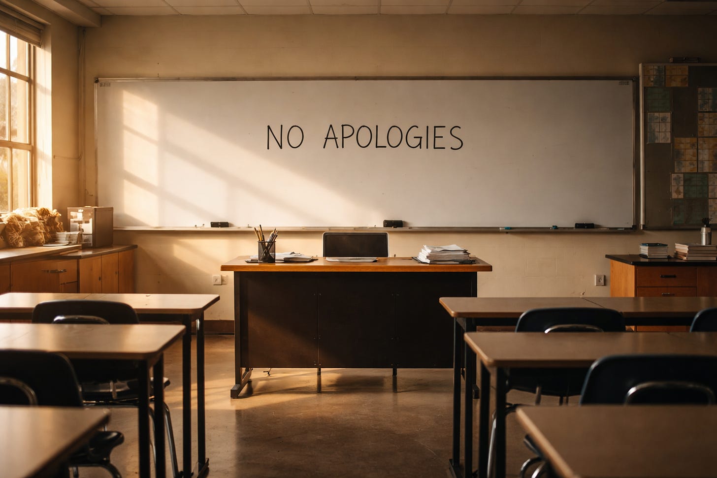 Empty high school science classroom after school with a centered teacher’s desk and a whiteboard reading “NO APOLOGIES.”