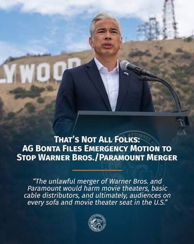 We've filed an emergency motion asking the court to stop the merger of  Paramount and Warner Bros. These titans of industry must not move to merge  until a court properly evaluates our