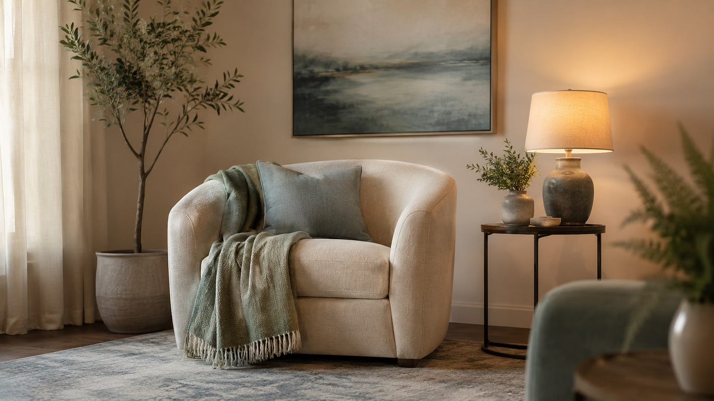 Calm therapy-style room with a comfortable chair, soft throw, and warm light.