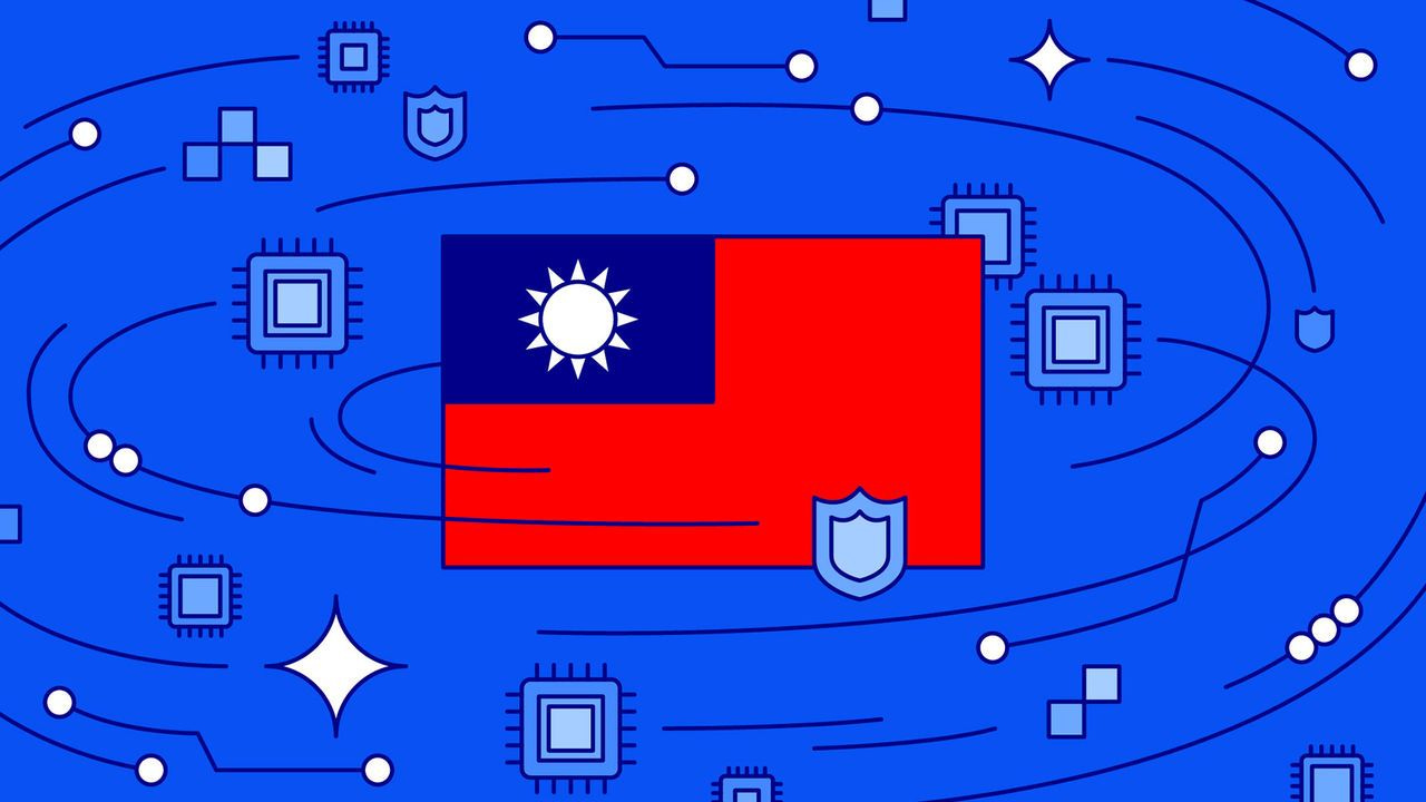 The Taiwan flag protected by technology, semiconductors, shields, AI