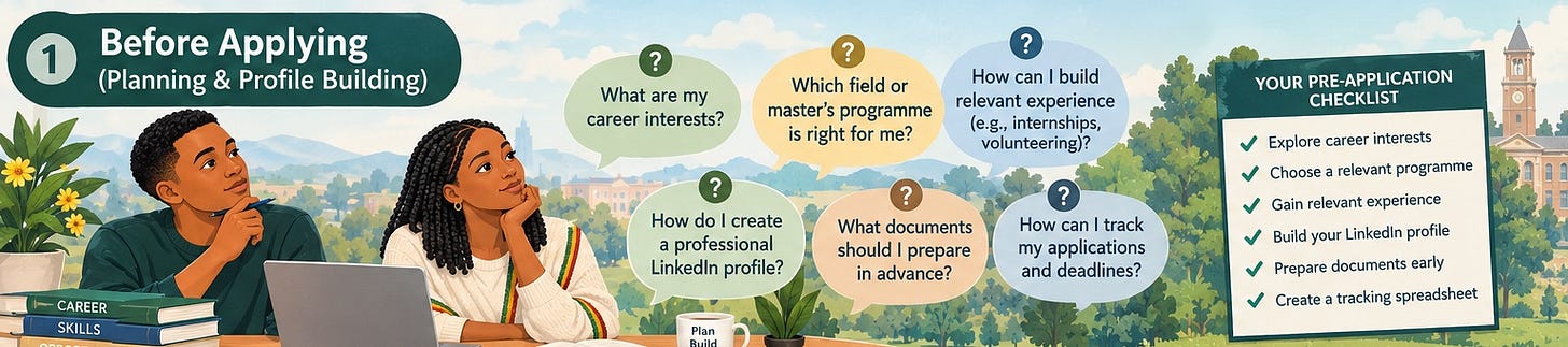 Two students planning grad school applications, with a checklist: career interests, program choice, experience, LinkedIn, documents, tracking spreadsheet