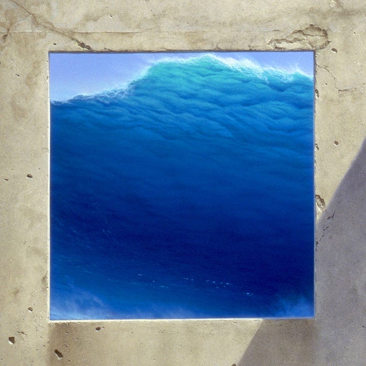 LEFT: Detail from THE INEXORABLE EQUATION featuring a view of the crashing wave framed by the stone facade. The water is a soothing blue darker at its depths and lightening as it climbs to a thin frothing crest. At the base of the wave, the water mists. RIGHT: Detail from THE INEXORABLE EQUATION featuring shadow cutting a diagonal across the smooth concrete surface. The stone is weathered as indicated by wash lines. At its base, there is a hint of green grass. In the lower right, the artist's sigil, the stylized letters M and W combined within a circle, is presented as if on a token or coppery wax smushed against the surface.
