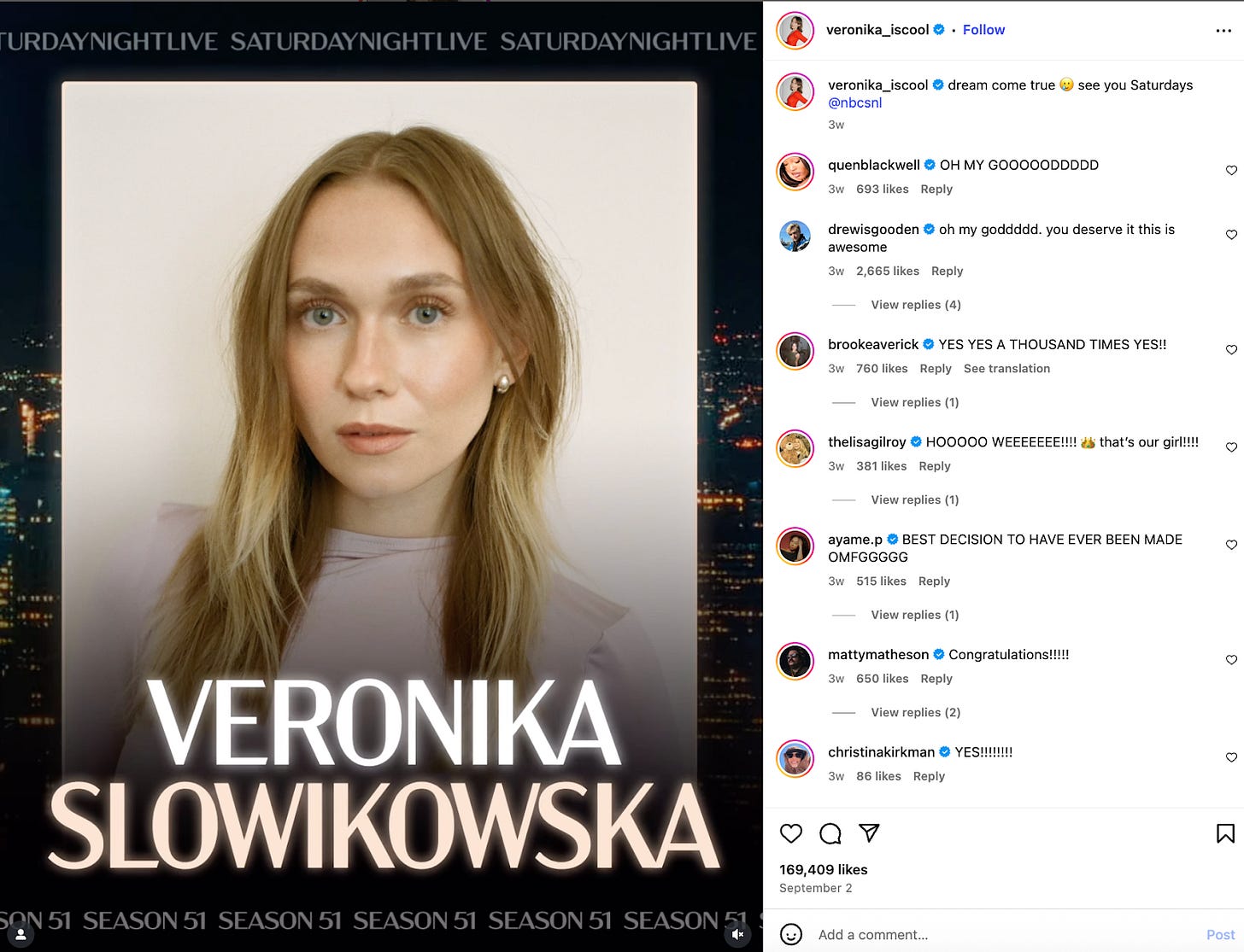 Veronika Slowikowska's Instagram post announcing her debut on SNL. Veronika Slowikowska's Instagram post announcing her debut on SNL.