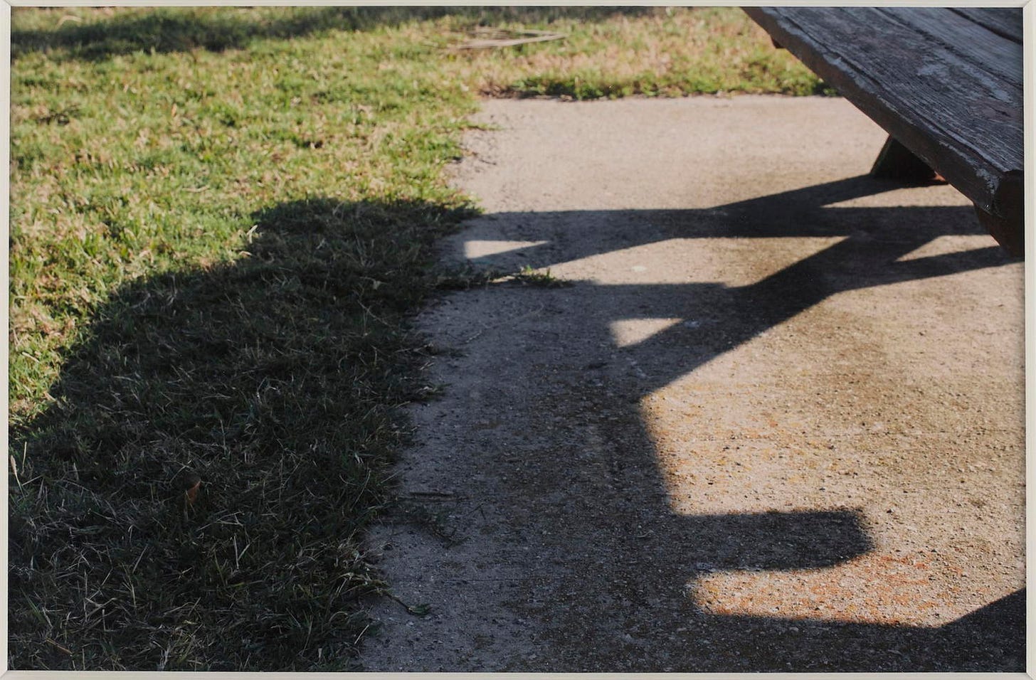 a low view of a bench set on a concrete rectangle with grass surrounding it. The shadow of the bench extends down into the grass, only a hint of it is seen in the upper right corner. McArthur photographed this herself seated in her wheelchair, camera situated in her lap. The bench is located near the site of Beverly Buchanan’s Marsh Ruins.
