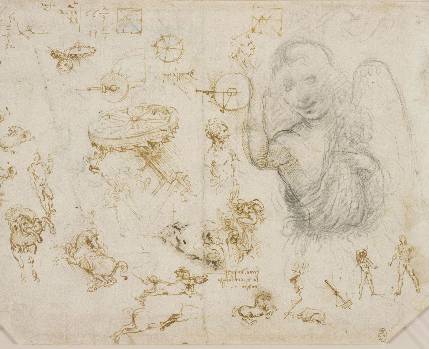 Horses and soldiers, mechanics, and the Angel of the Annunciation da Vinci