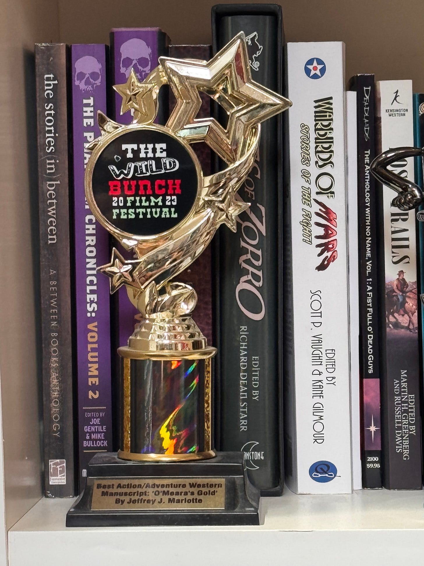 A trophy with swirling stars around a round plaque reading "The Wild Bunch Film Festival"