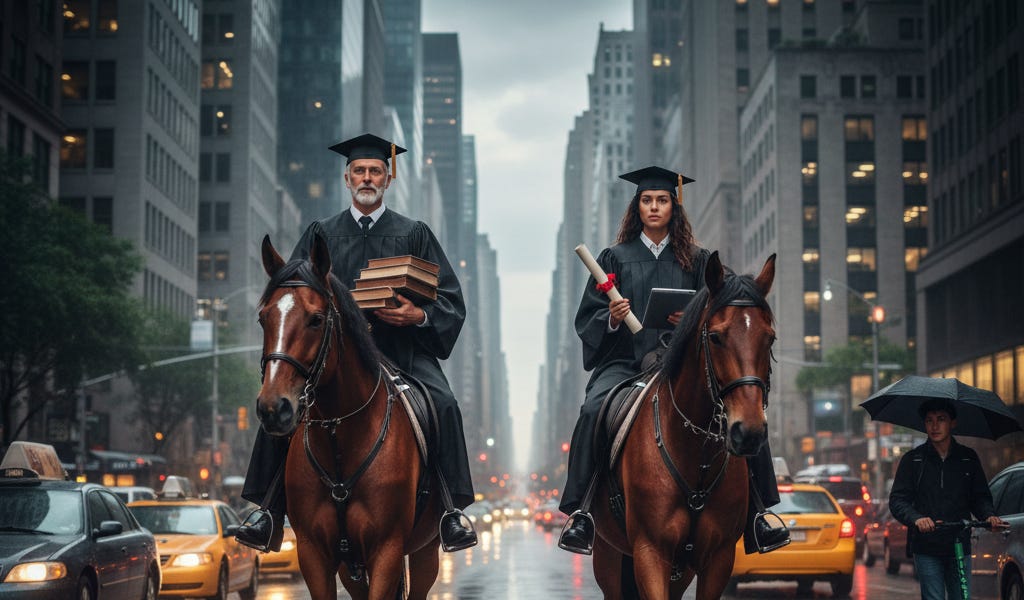 The faculty are riding horses