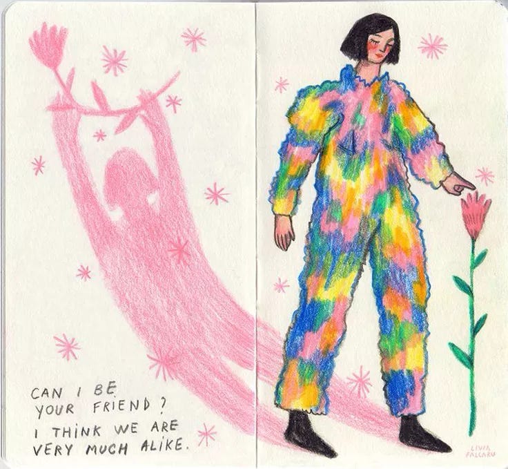 This may contain: a drawing of a woman standing in front of a pink flower and an image of a man with long hair This may contain: a drawing of a woman standing in front of a pink flower and an image of a man with long hair