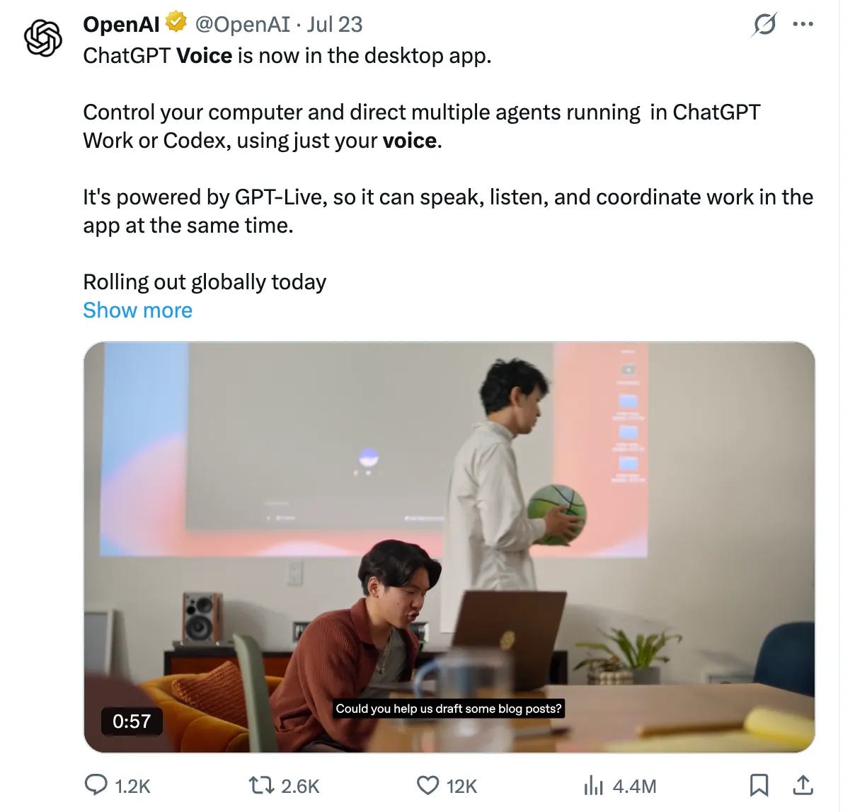 ChatGPT Voice running inside the Codex app announcement