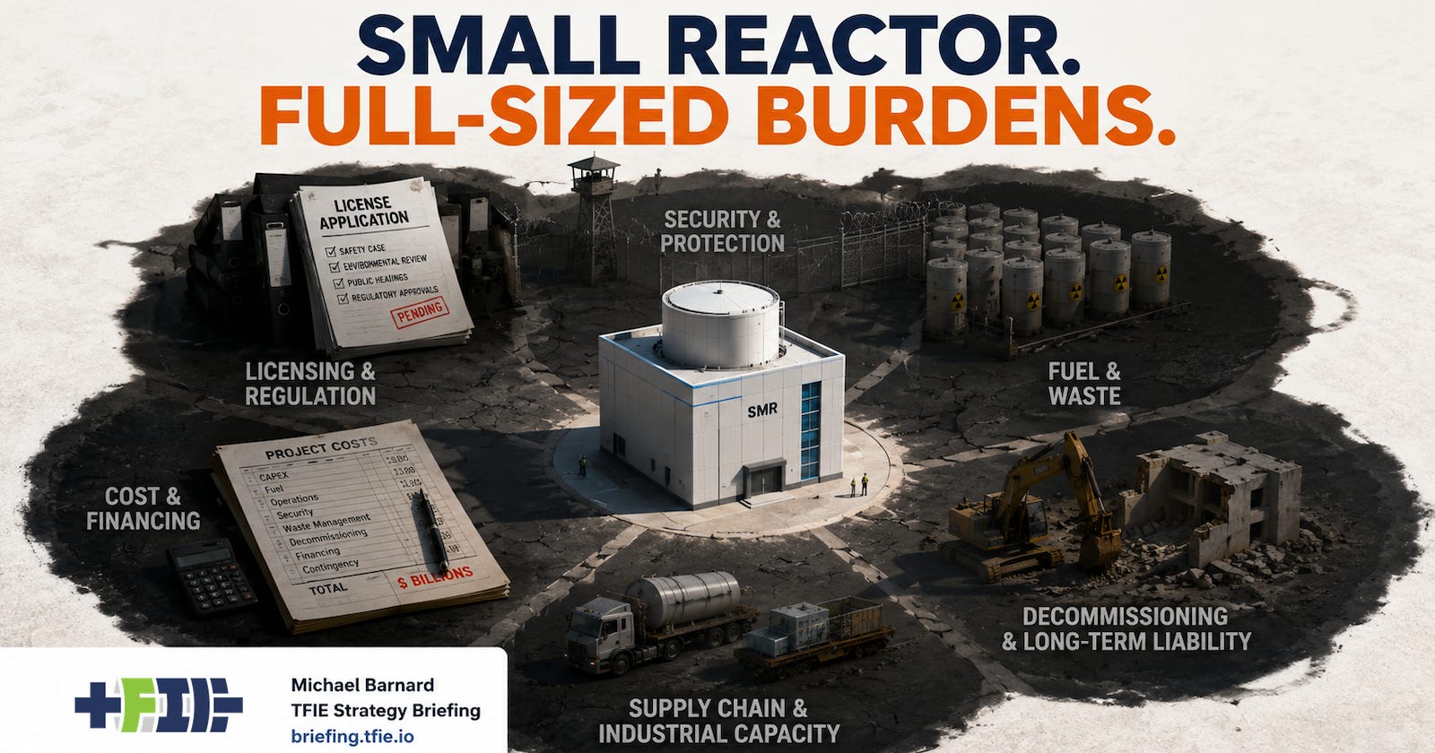 Infographic showing a small modular reactor surrounded by full-sized nuclear obligations: licensing and regulation, cost and financing, security, fuel and waste, decommissioning, supply chain and long-term liability.