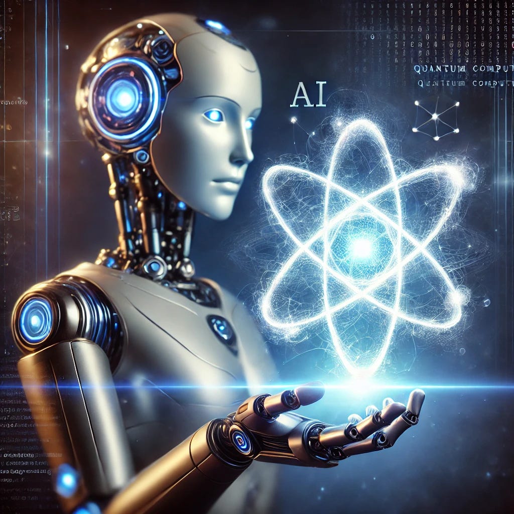 A futuristic robot holding a glowing quantum atom with an electron cloud. The atom emits a bright, ethereal glow, symbolizing quantum computing. The robot has sleek metallic features with blue and silver tones, giving it an advanced AI appearance. The background is dark with a digital, cybernetic aesthetic, emphasizing the high-tech theme.